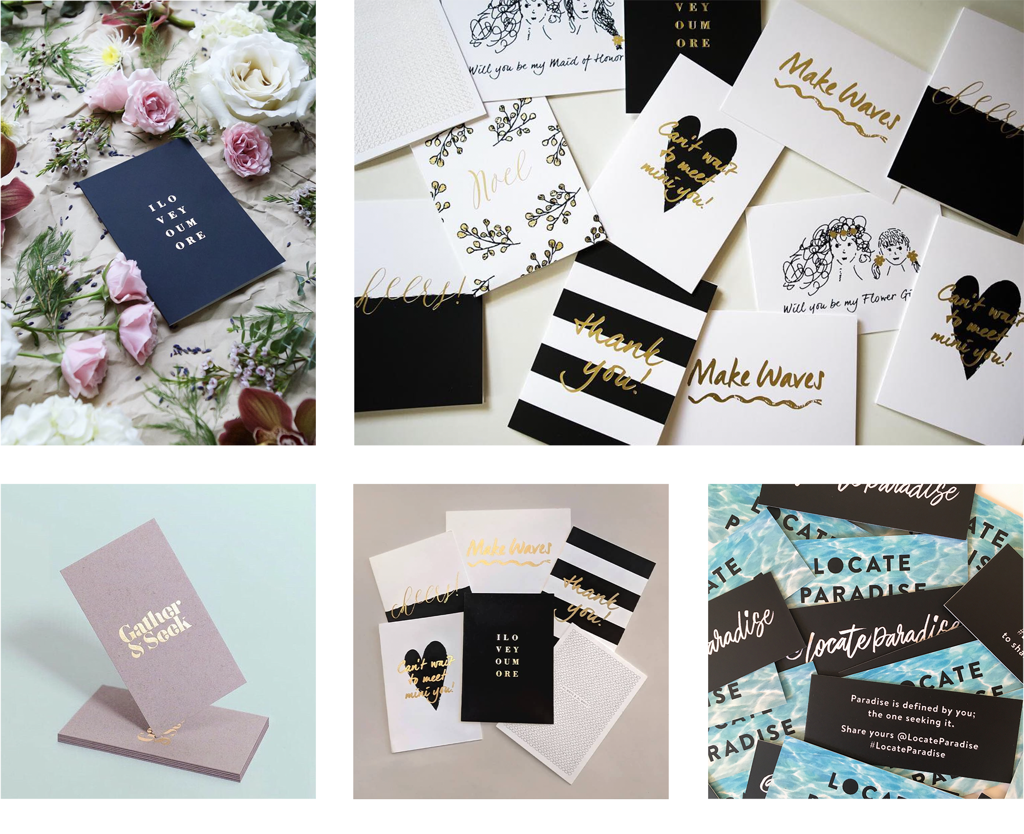 Black, white & gold foiled greeting cards designed by Gather & Seek (formerly Chelley Co.), next to gold foiled Gather & Seek business card on gray paper with a blue backdrop, and black & white Locate Paradise mini business cards.
