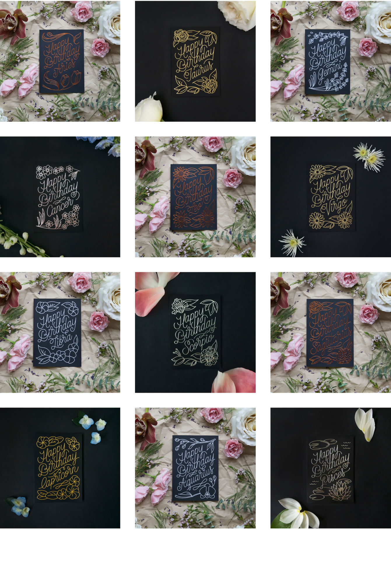 Black screen printed & foil stamped Zodiac Flora birthday cards for all 12 signs of the Zodiac. Designed by Gather & Seek (formerly Chelley Co.) in collaboration with Melissa Deckert.