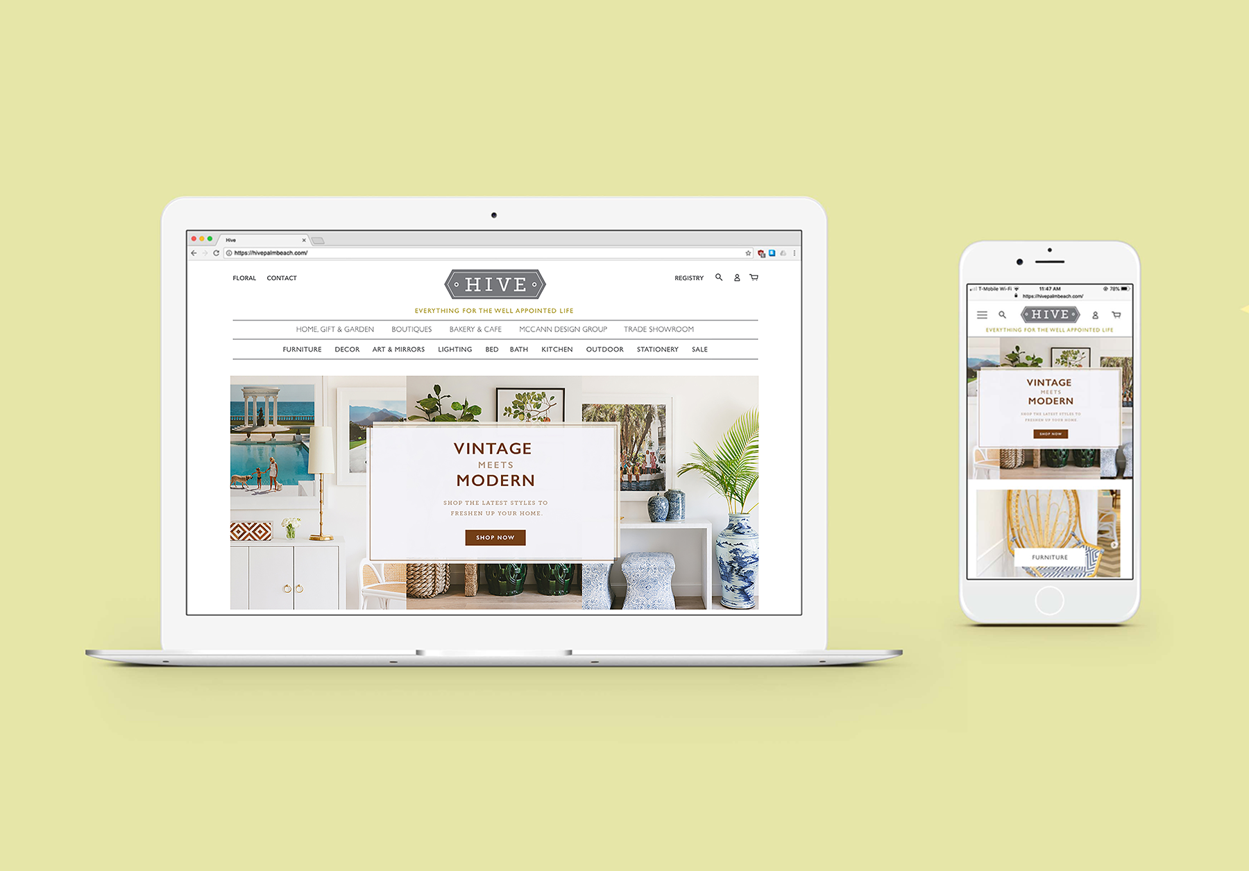 Desktop and mobile website mockups on a laptop and iphone for West Palm Beach's high end boutique, Hive Palm Beach. The mockups show the landing page of the website, with a bright yellow background.