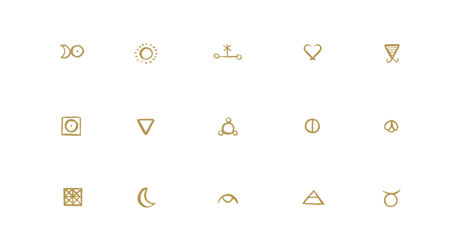 Hand-drawn icons inspired by alchemical symbols in gold, created for KYPRIS.