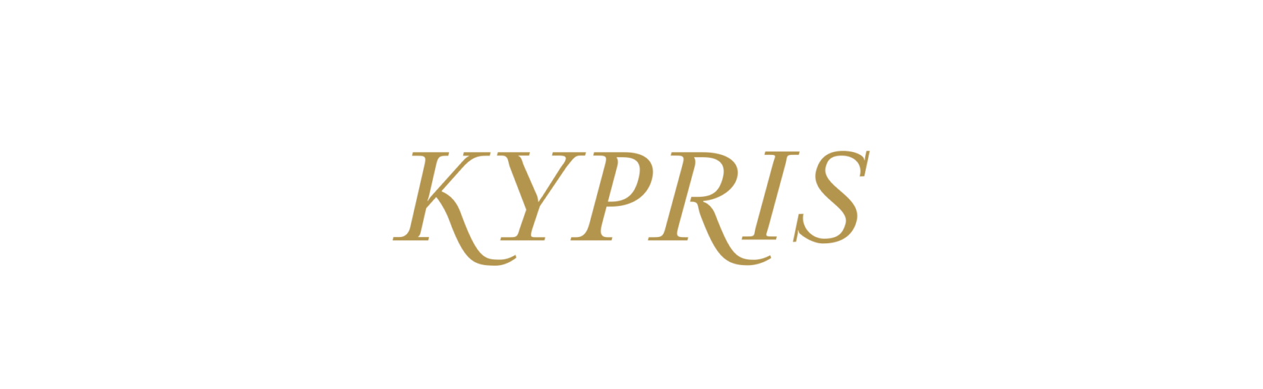 A custom made serif logo for Kypris in a medium gold tone.
