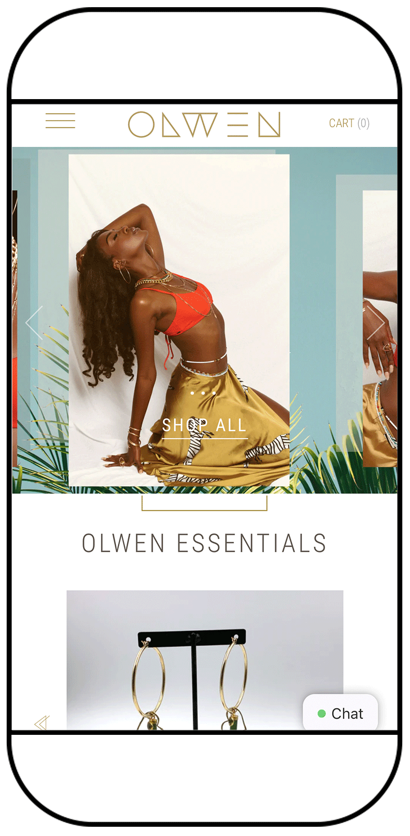 Olwen Jewelry mobile website mockup scrolling through the homepage.