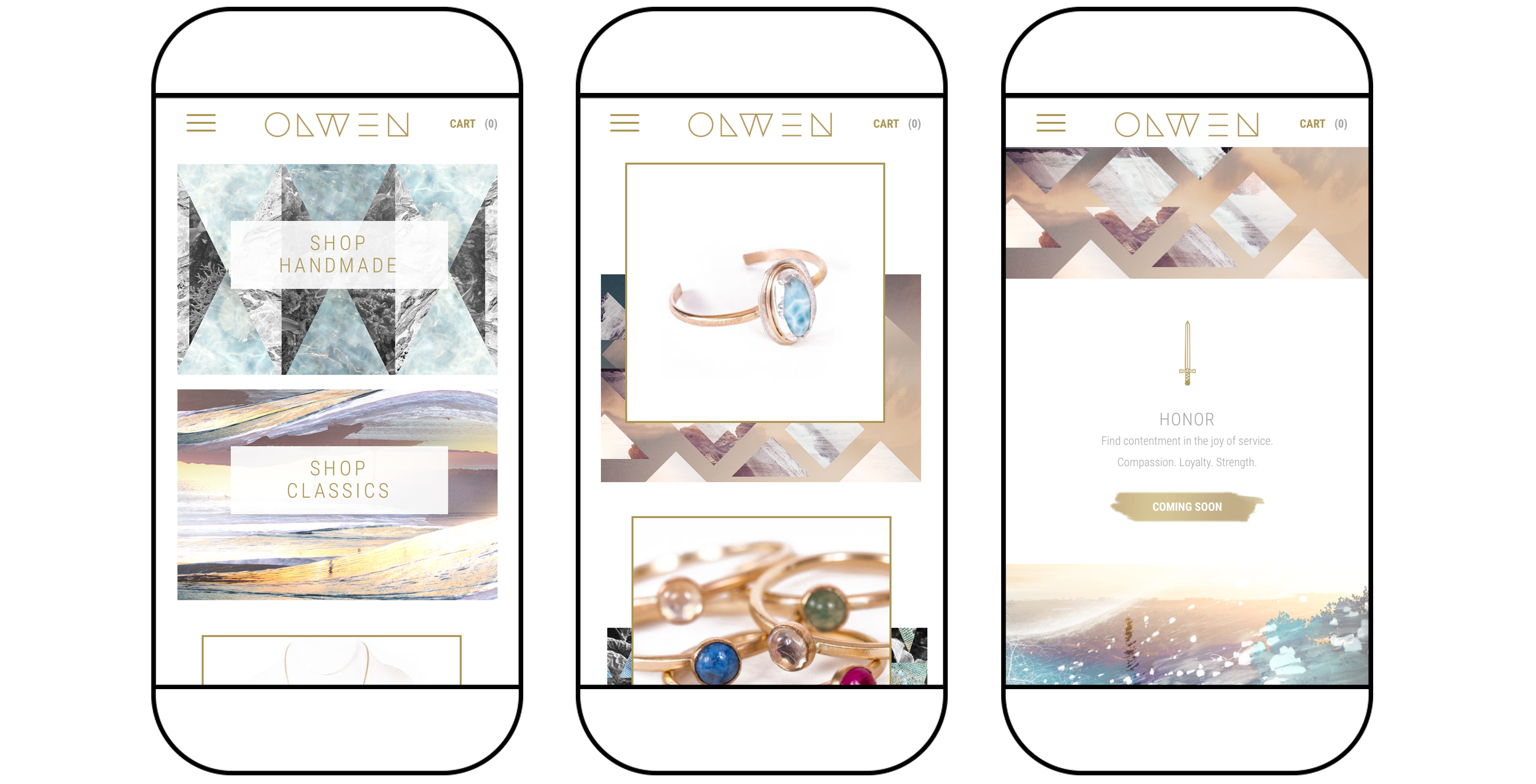 Olwen Jewelry mobile website mockup showing the homepage, shop, and blog pages.