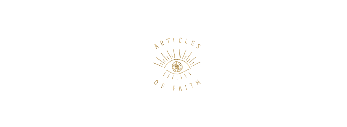 "Articles of Faith" logo variations created for Olwen Jewelry's blog, featuring an eye illustration and hand lettering for an organic look.