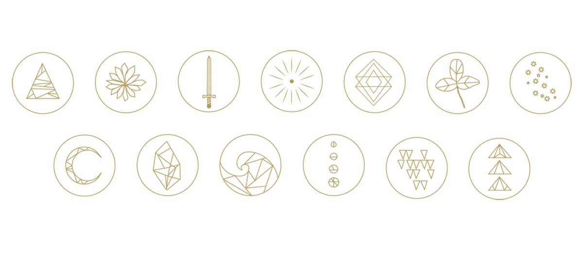 Custom line work icons in a variety of recognizable and abstract shapes, created for Olwen Jewelry.
