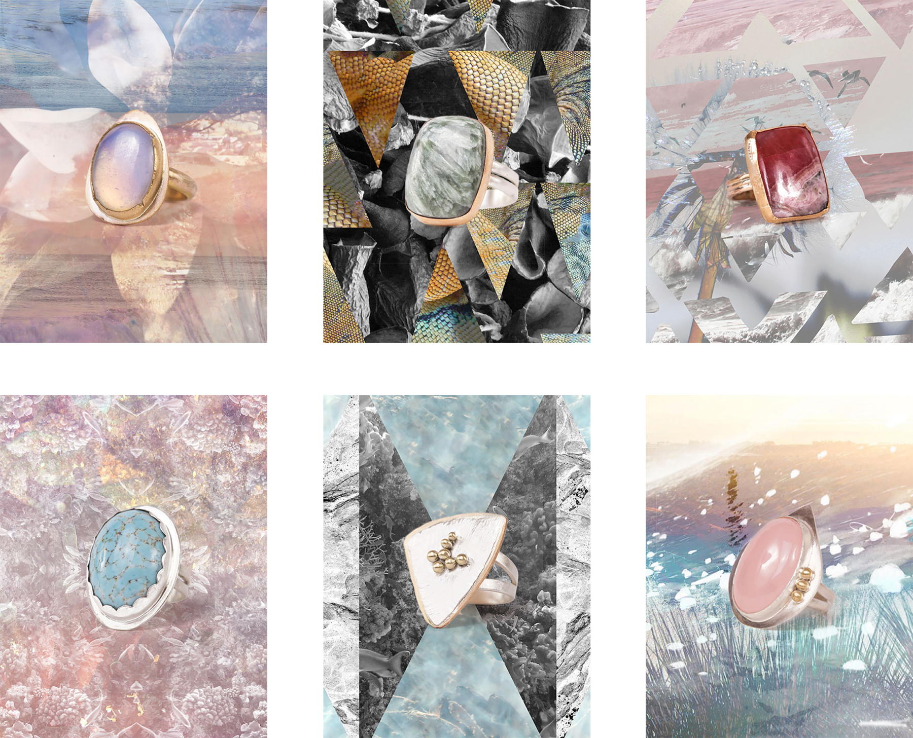 6 organic shaped rings made by Olwen Jewelry with large stones in the middle, crafte out of silver, gold and rose gold, against a variety of photo manipulated backgrounds.