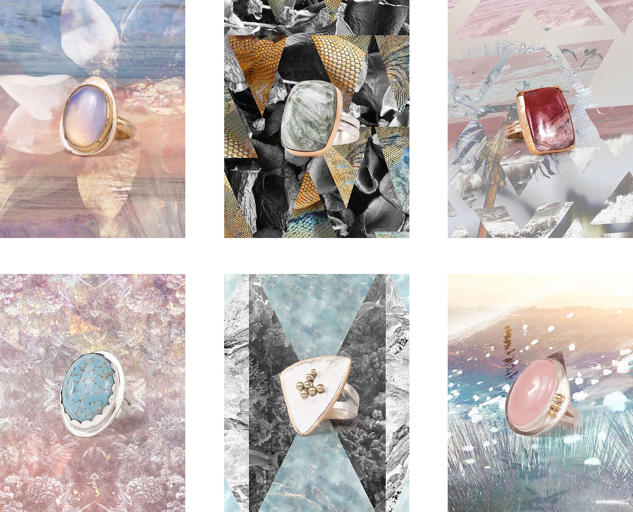 6 organic shaped rings made by Olwen Jewelry with large stones in the middle, crafte out of silver, gold and rose gold, against a variety of photo manipulated backgrounds.