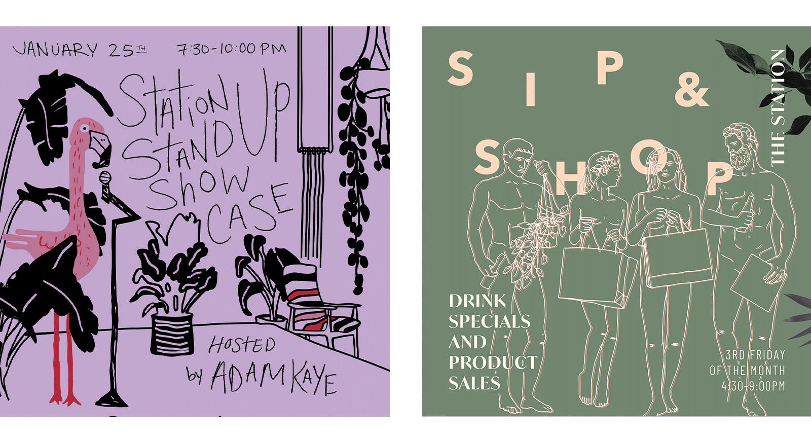 IG graphics created for The Station for Stand Up Showcase, and their sip & shop event. Left graphic is an illustration of a flamingo on their stage. Right graphic includes illustrations of sculpture models carrying shopping bags.