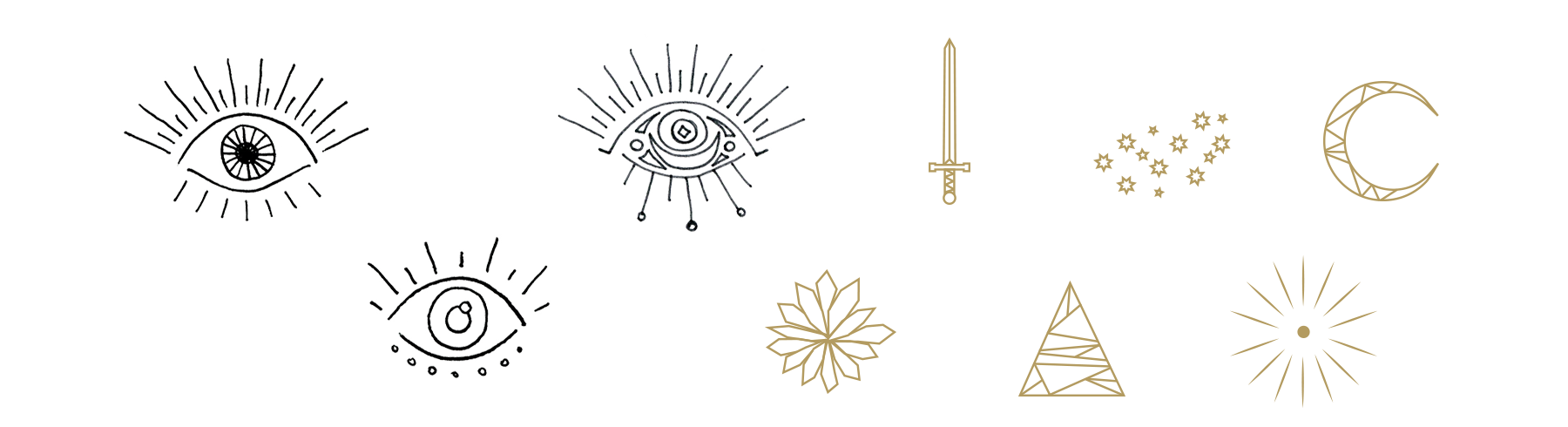 OLWEN Jewelry eye illustration explorations and geometric icons of a sword, flower, stars, moon, and pyramid.
