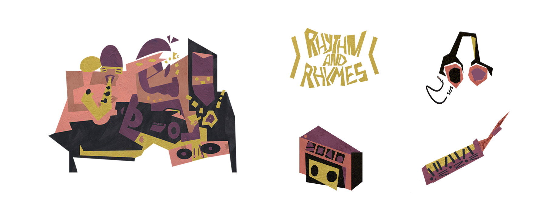 Picasso inspired illustrations for Elizabeth Ave Station's Rhythm and Rhymes event graphics featuring 3 musicians, a boombox, headphones, keytar, and funky type made out of abstract shapes.