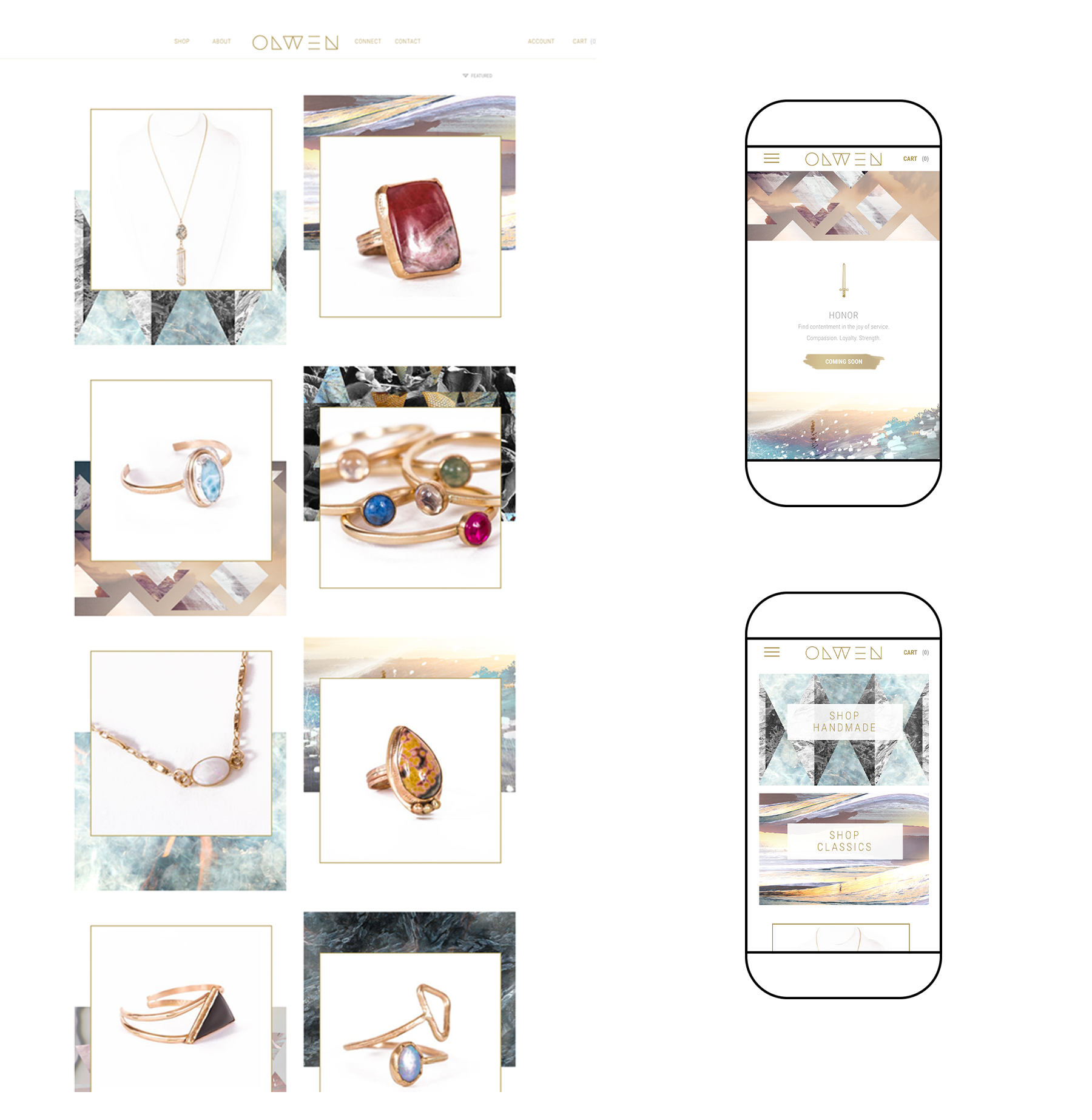 Desktop website shop page for Olwen Jewelry, and 2 stacked mobile mockups of the homepage and blog.