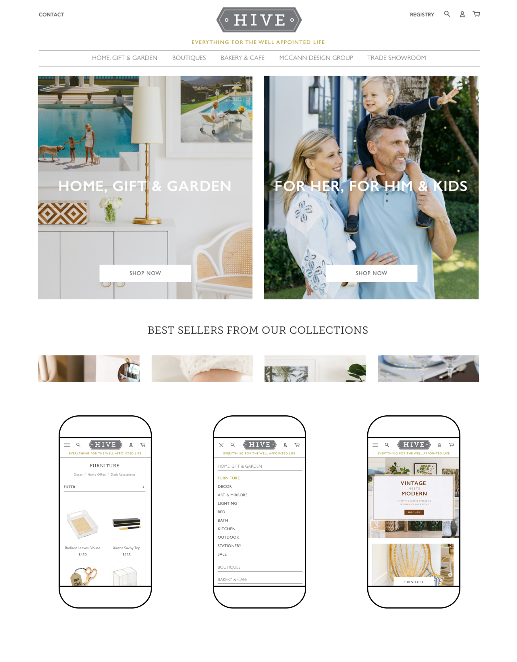 Desktop website homepage for Hive Palm Beach, and 3 side-by-side mobile mockups of the shop page, drop down navigation and homepage.