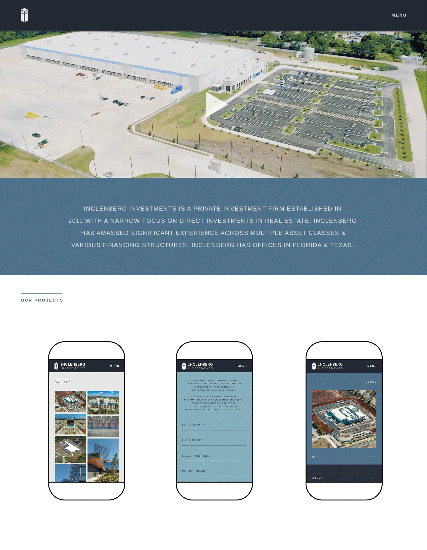 Scrolling GIF of large display of Inclenberg Investments website about page, and 3 side-by-side mobile mockups of the gallery & contact pages.