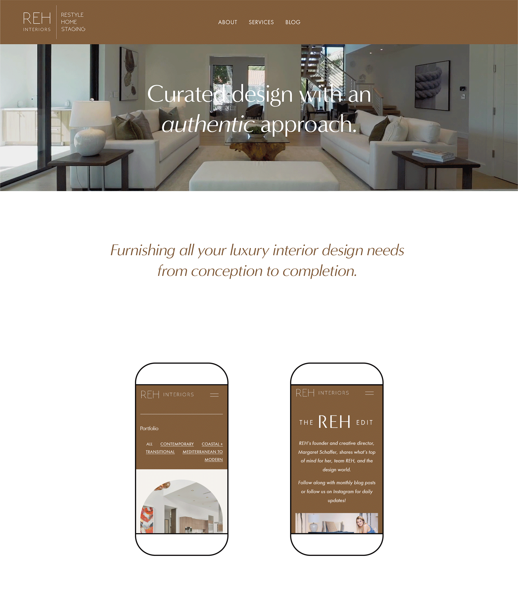 Scrolling GIF of large display of REH Interiors website homepage, and 2 side-by-side mobile mockups of the blog pages.