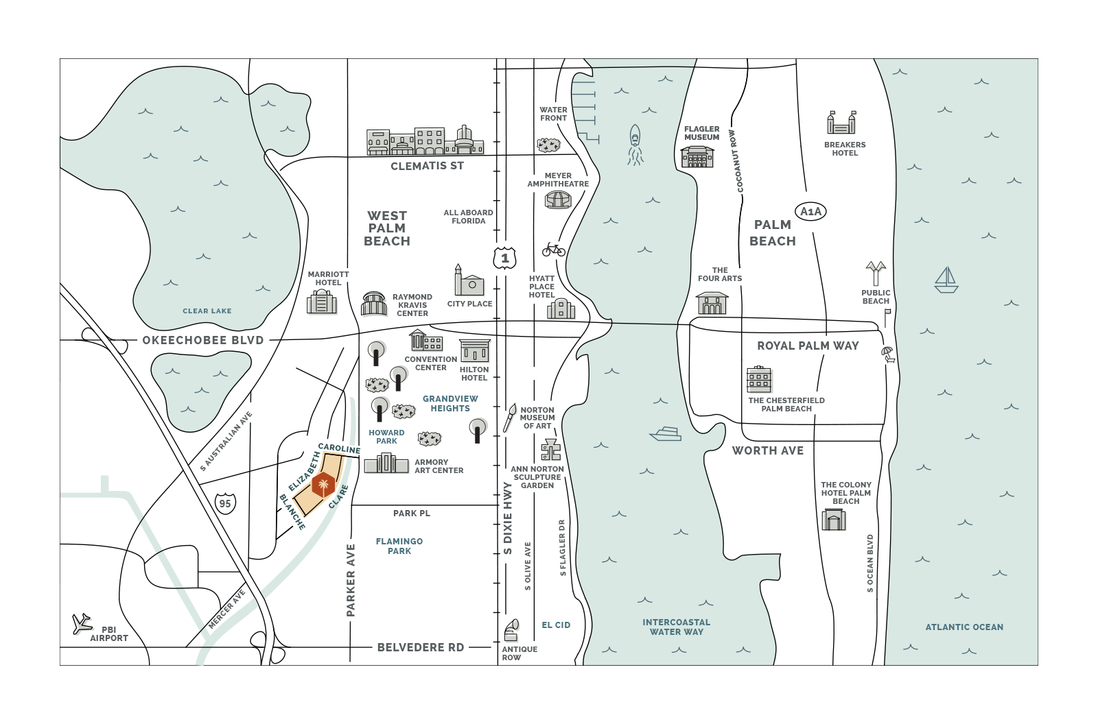 Illustrative map of West Palm Beach with a custom illustrative vector icons of local attractions, and a bright orange seal pinpointing the location of the Warehouse District