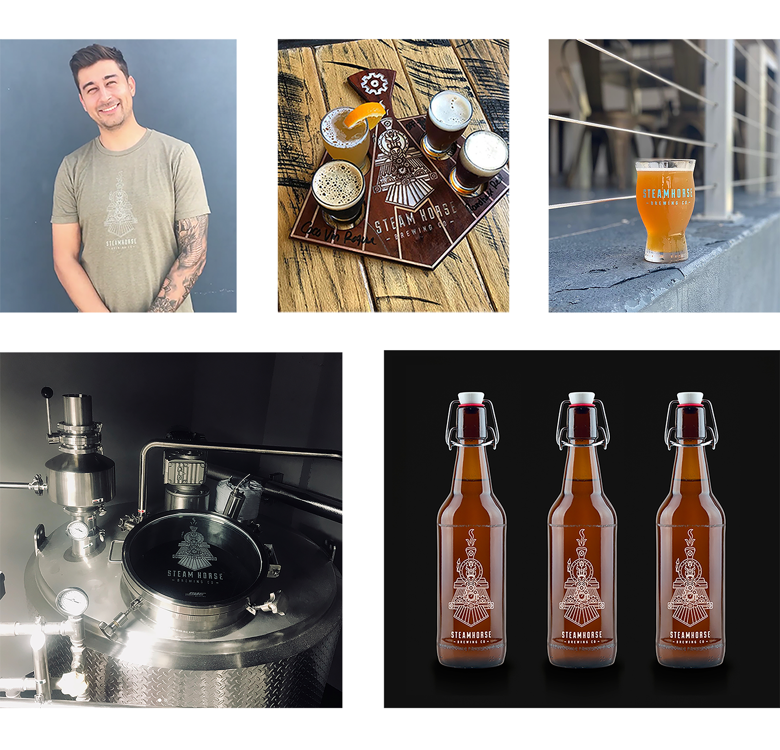 Collage of Steam Horse Brewing Co branding featured on beer bottles, glassware, a wooden beer flight board and a industrial brewing machine.