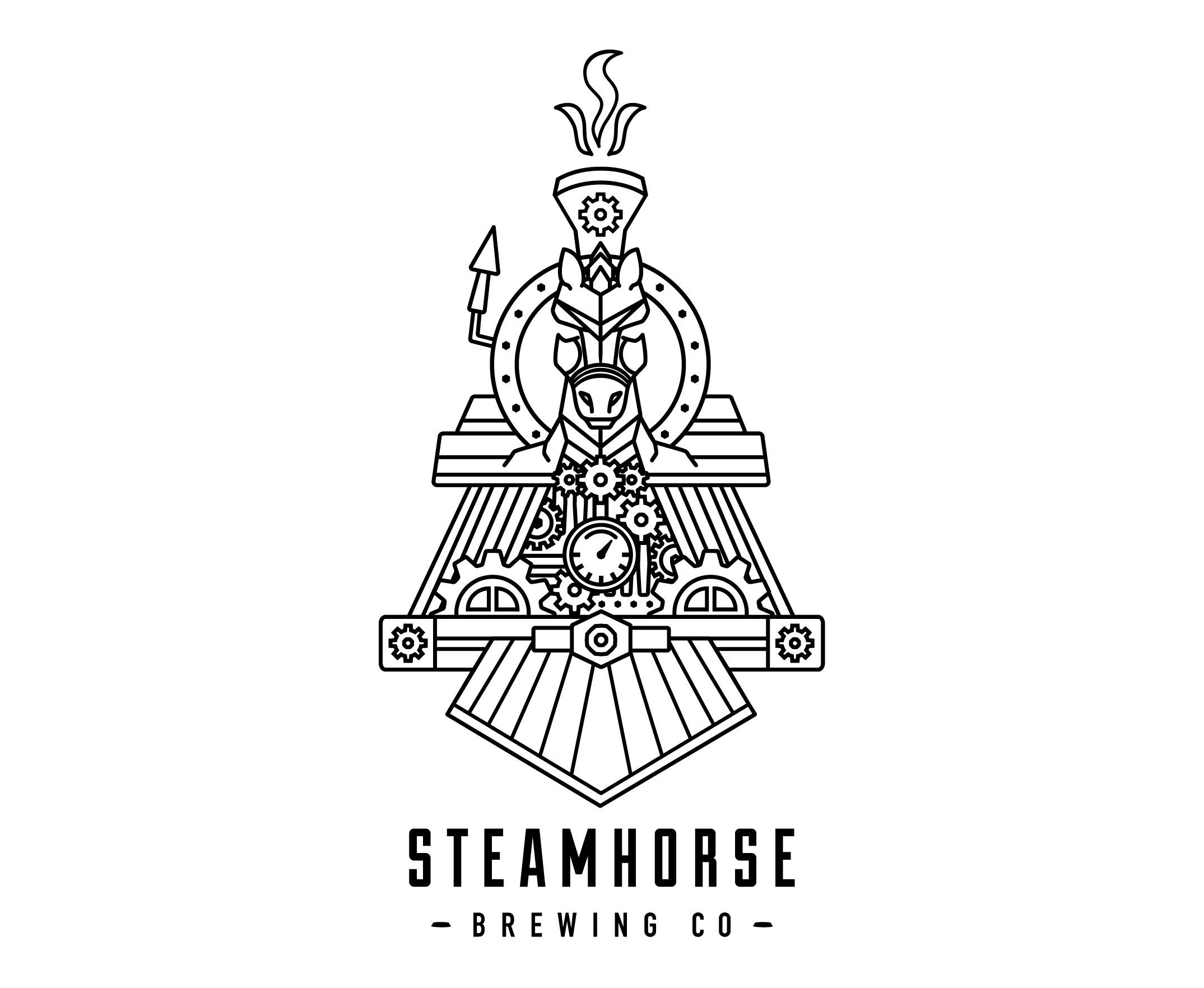 Steam Horse Brewing Co's illustrative logo was designed as a hybrid of a steam train and horse, with a condensed structural san serif typeface below.