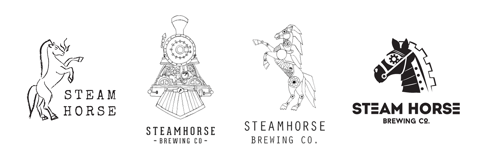 Illustrative logo explorations for Steam Horse Brewing Co featuring steampunk horses and a steam locomotive.