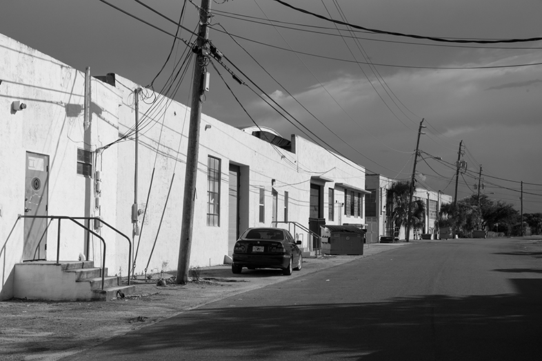 Black and white photo of warehouses