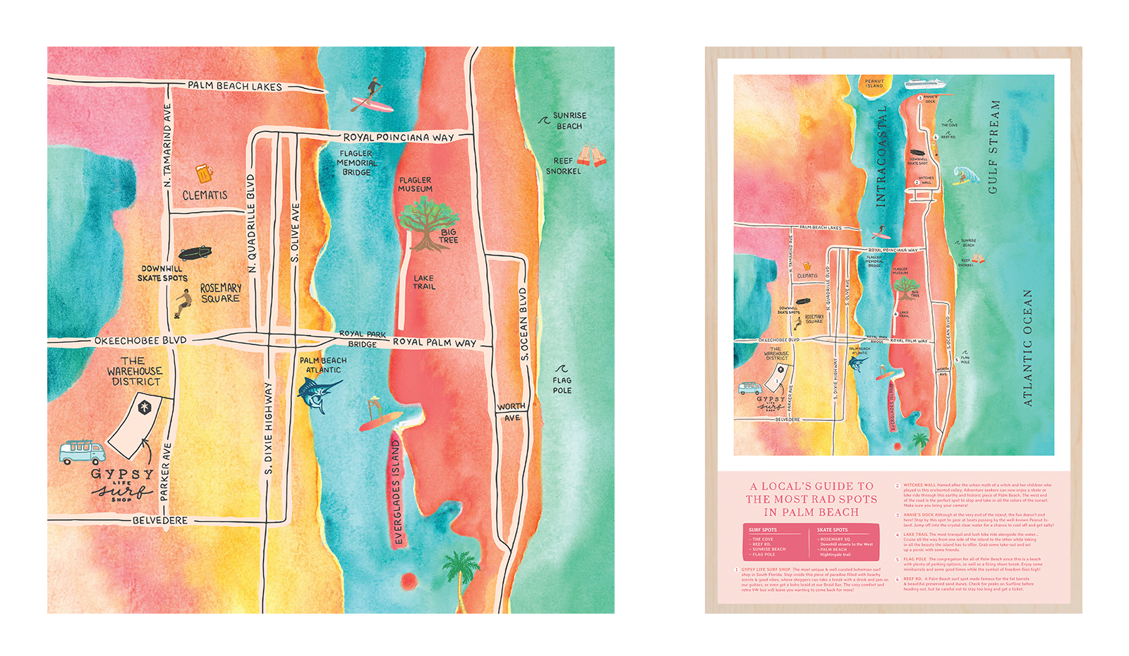 Close up detail shot of Gypsy Life Surf Shop's illustrated watercolor map, featured in their poster design "A Local's Guide to the Most Rad Spots in Palm Beach" which shows off various surf & skate spots around the city along with other activities.