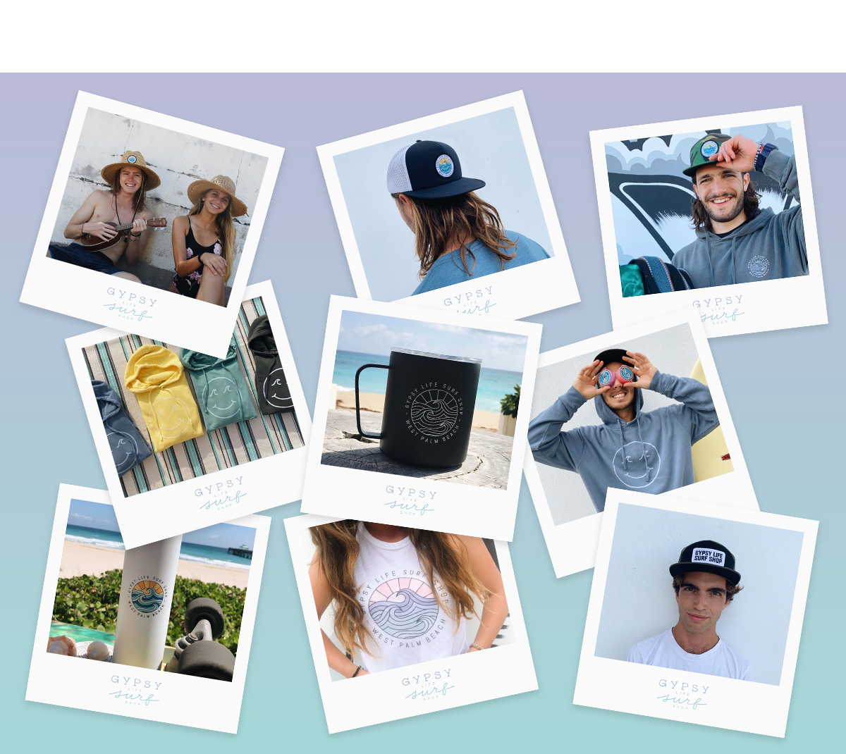 Polaroid style collage showing off Gypsy Life Surf Shop's brand colors, logo, and various images of merchandise design done by Gather & Seek. Merch includes hat badges, tshirt & hoodie designs, mugs and water bottles.