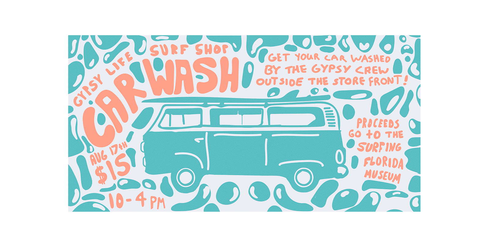 Collage of social media posts for Gypsy Life Surf Shop, including their Coffee Corner, Car Wash, Ukulele Lessons, Black Friday, and Jam Sesh events. Graphics are colorful and include hand lettering and illustrations.