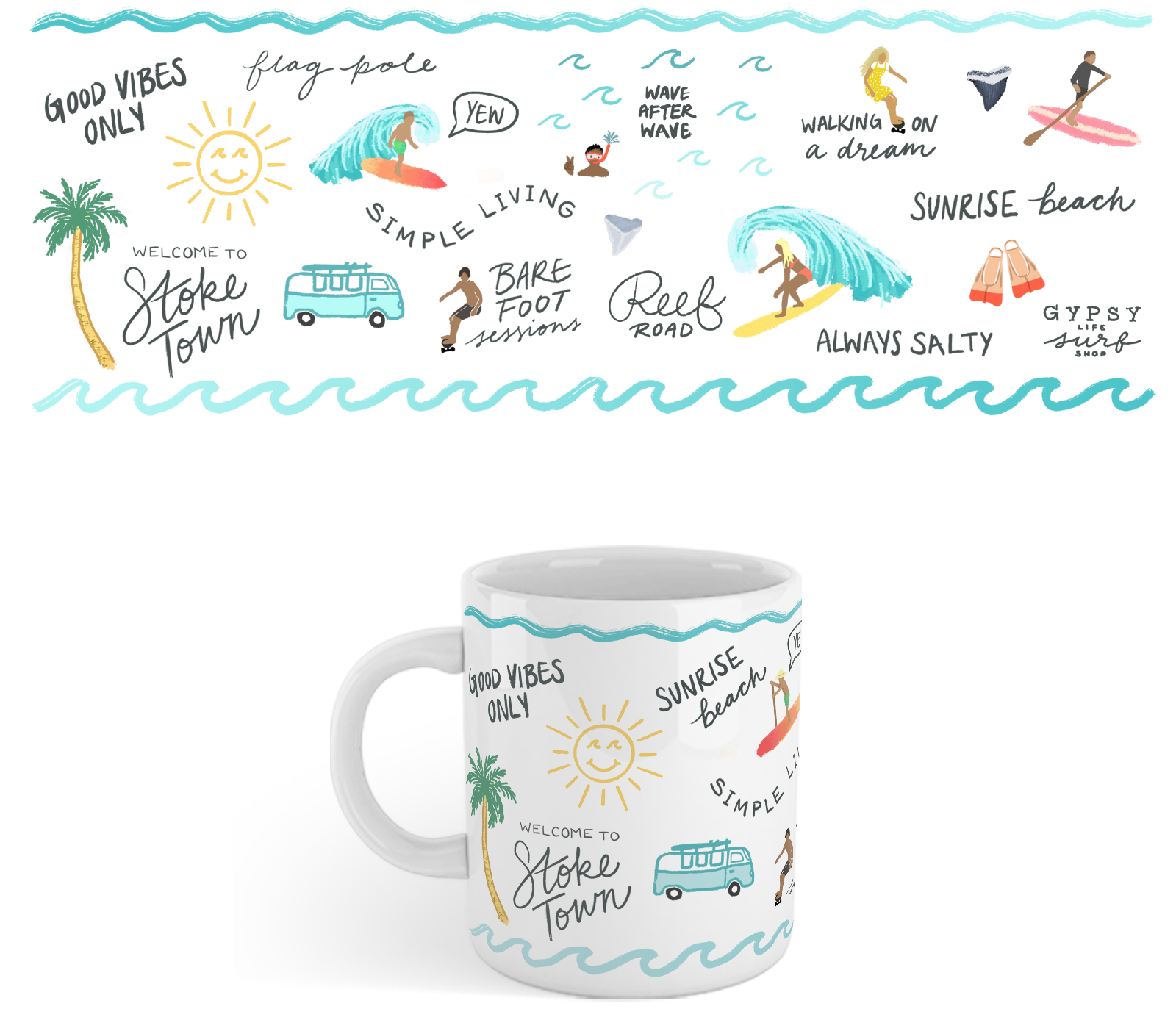 Illustrated mug design featuring hand lettering and custom illustrations of surfers, skaters, a happy face sun, palm trees, shark tooth, snorkeler, VW Bus, and paddle boarder.