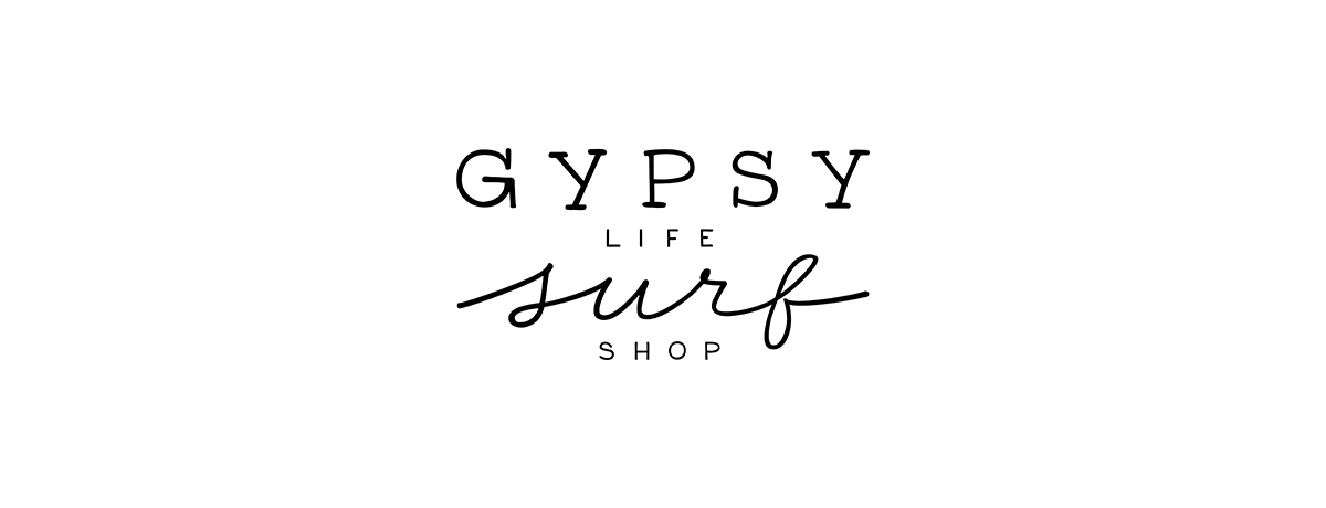 Logo variations for Gypsy Life Surf Shop designed by Gather & Seek. The logos feature bubbly hand lettering inspired by serif, san serif and script letterforms.