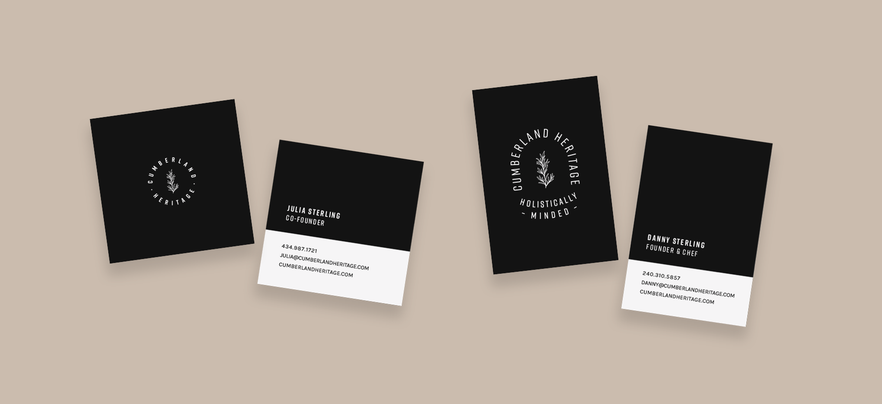 Cumberland Heritage branding applied to two business card mockups using black & white as their main colors. Both have alternate logos on the front, along with names and contact information on the back.