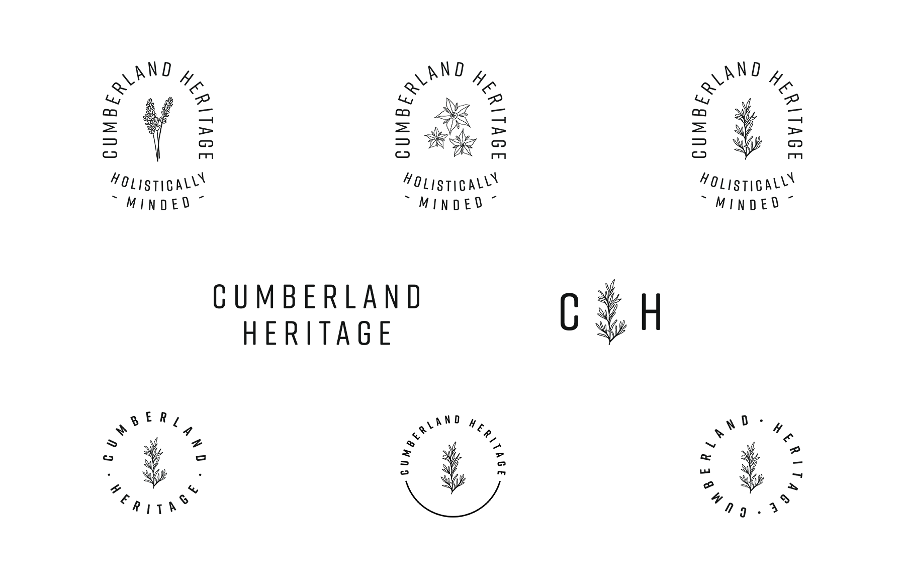 Logo variations for Cumberland Heritage including stacked, circular, and arched logo with additional illustrations