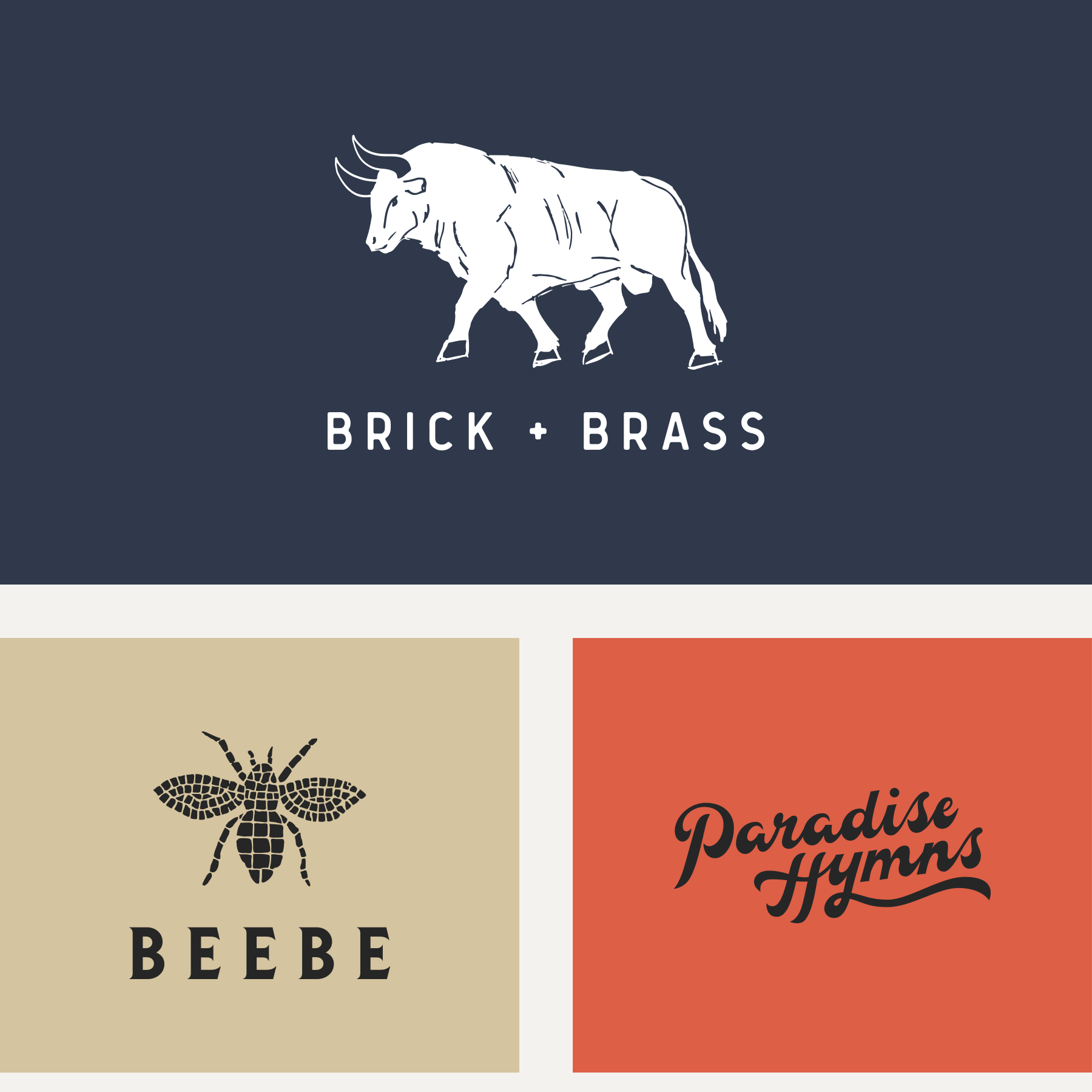 Illustrated logo design variations including Brick & Brass with a illustrated bull icon, Beebe with a mosaic bee icon, and Paradise Hymns with a heart icon.