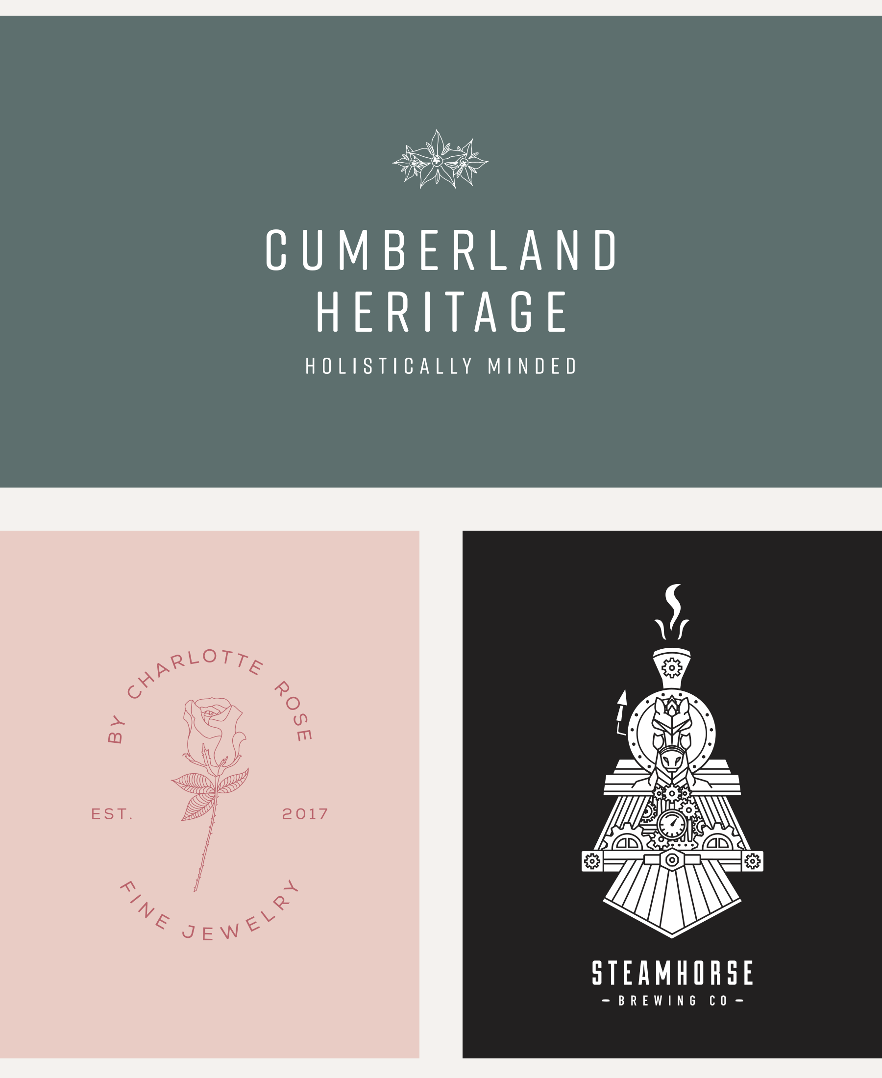 Animated logo variations of Cumberland Heritage with a variety of plant themed icons, Charlotte Rose with a rose & hand illustration, and Steamhorse with a custom steam-train / horse illustration.