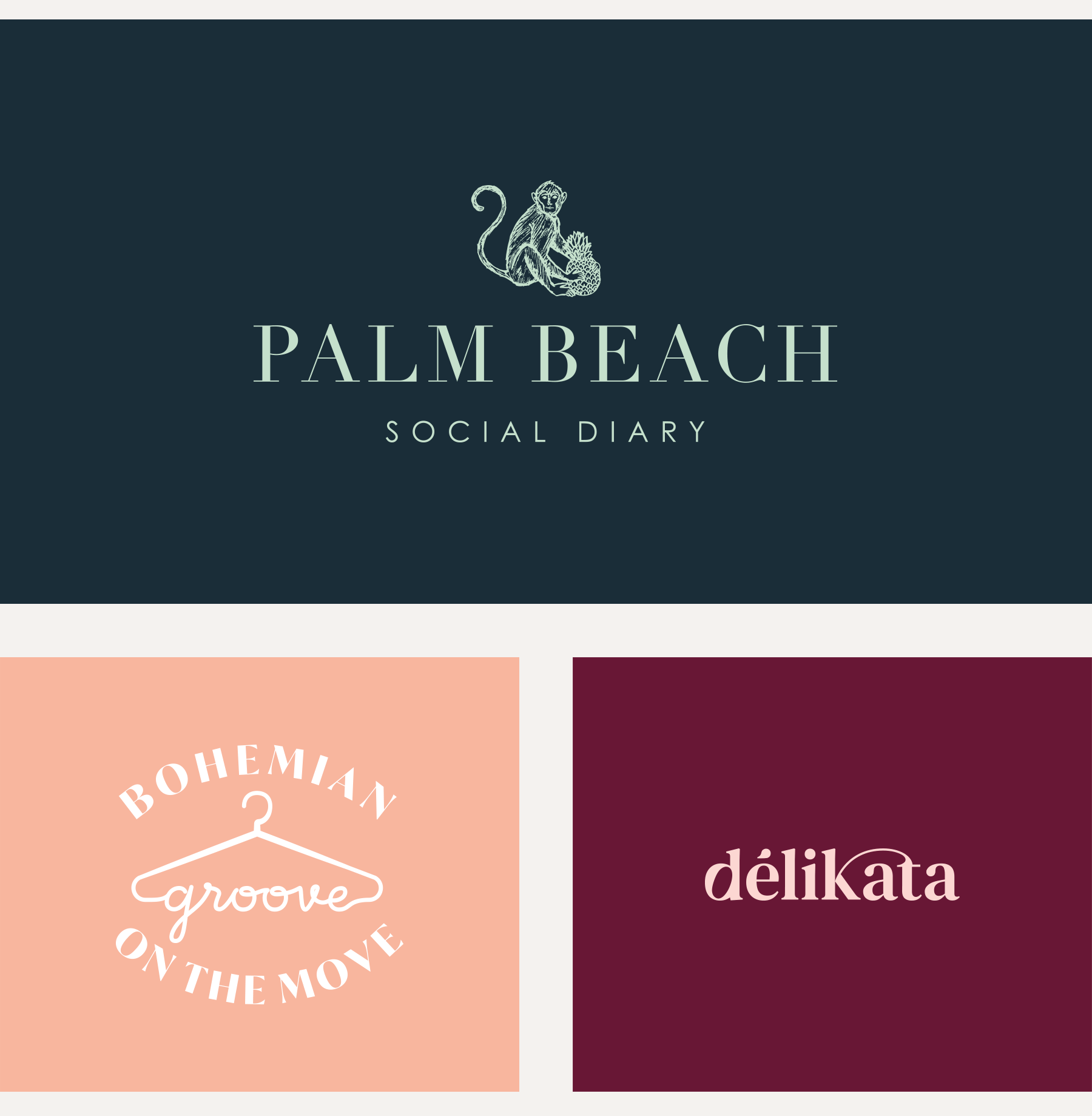 Animated logo variations of Palm Beach Social Diary with an illustrated monkey, Bohemian Groove on the Move, and Delikata explorations.