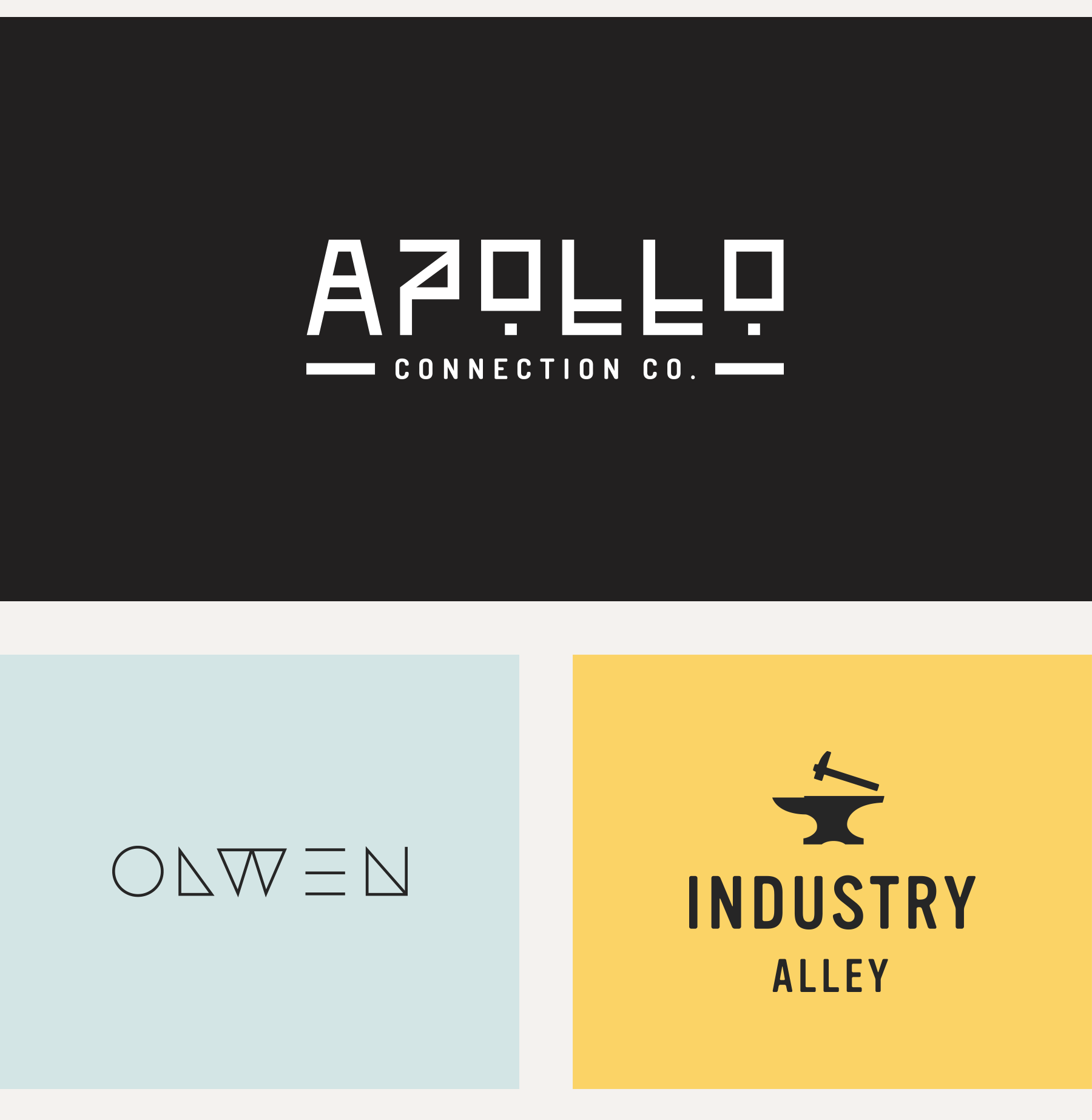 Animated logo variations of Apollo Connection Co, Olwen Jewelry, and Industry Alley which includes a custom anvil icon.