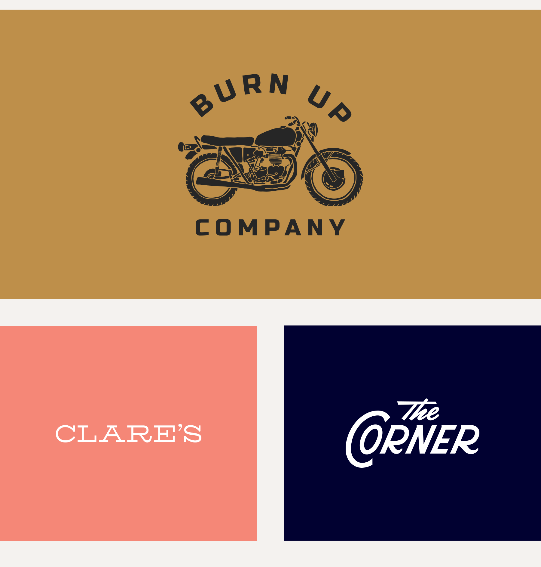 Animated logo variations of Burn Up Company featuring a custom motorcycle illustration, Clares featuring a chicken icon, and The Corner rough explorations.