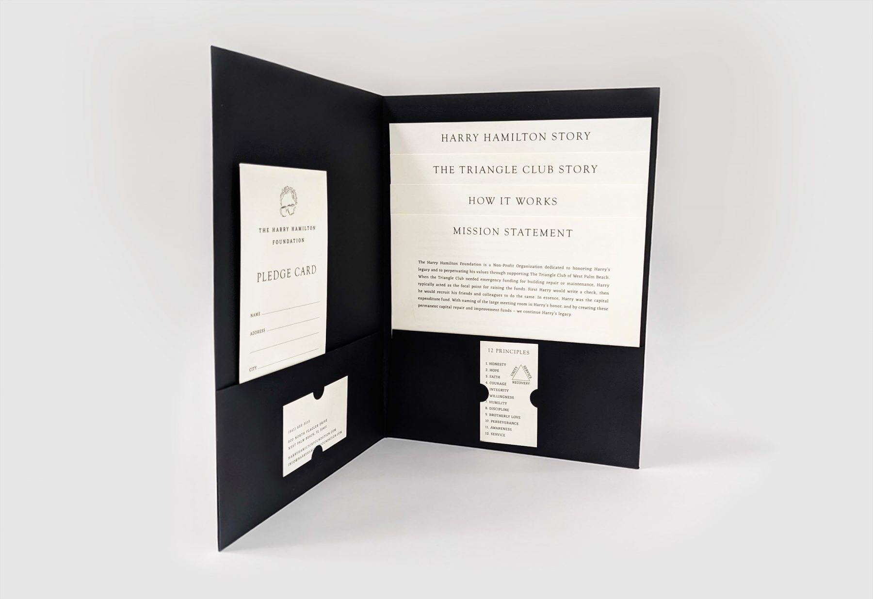 Print collateral for West Palm Beach nonprofit group the Harry Hamilton Foundation presented in a black folder with branded letterhead, business cards, and forms inside.