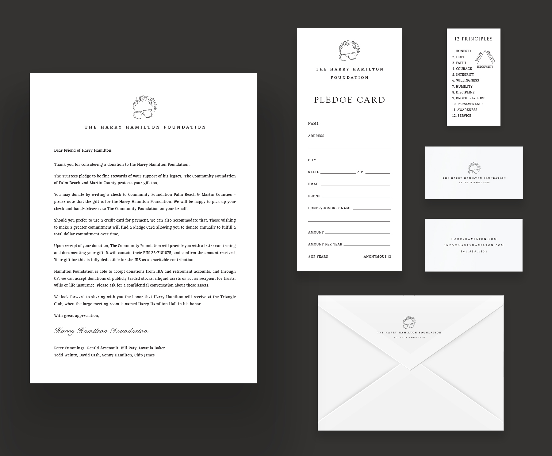 Harry Hamilton Foundation stationary suite featuring branded letterhead, business cards, and a pledge card on white paper with black type with featured against a black background.