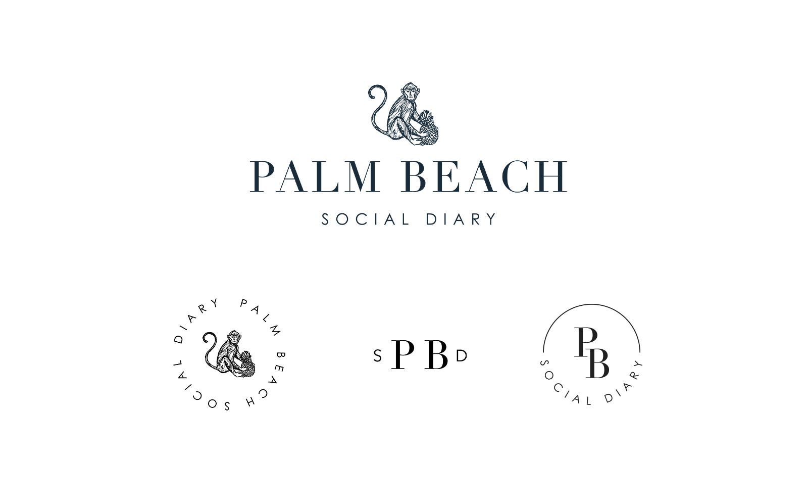 Palm Beach Social Diary logo variations, showing off the primary logo with a custom monkey icon and PALM BEACH in a classy serif, and SOCIAL DIARY in a clean san serif. Circular and stamp logo variations are shown below.