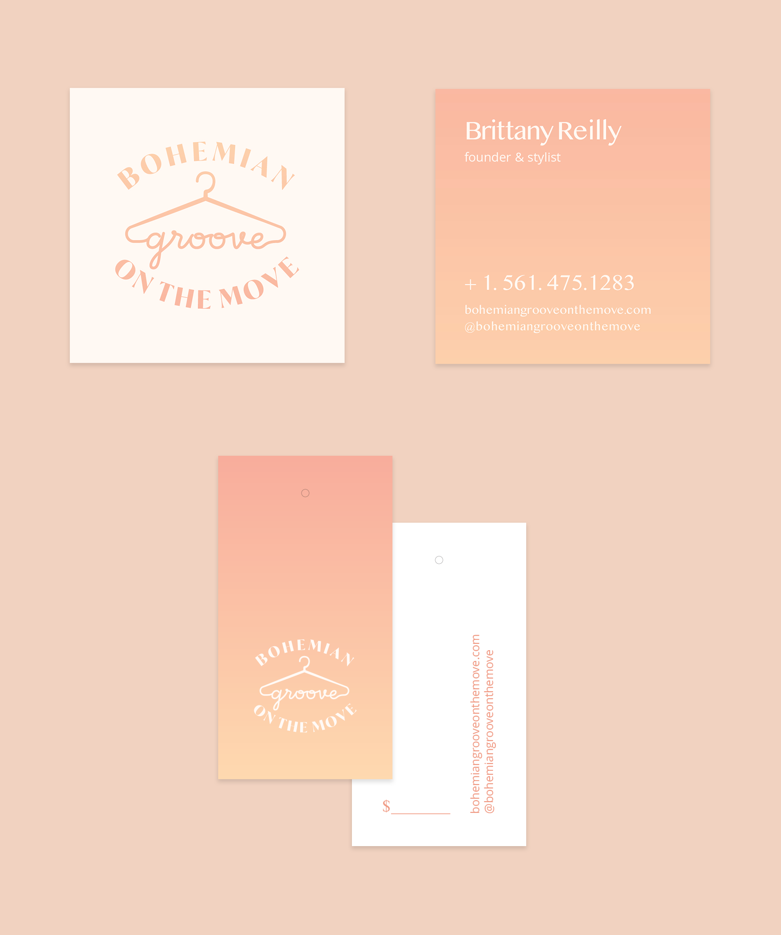 Business card and hang tag designs are shown off on a peach background. One side of the cards are white with a peach sunset gradient, while the other side is inverted with the peach sunset gradient with white type.
