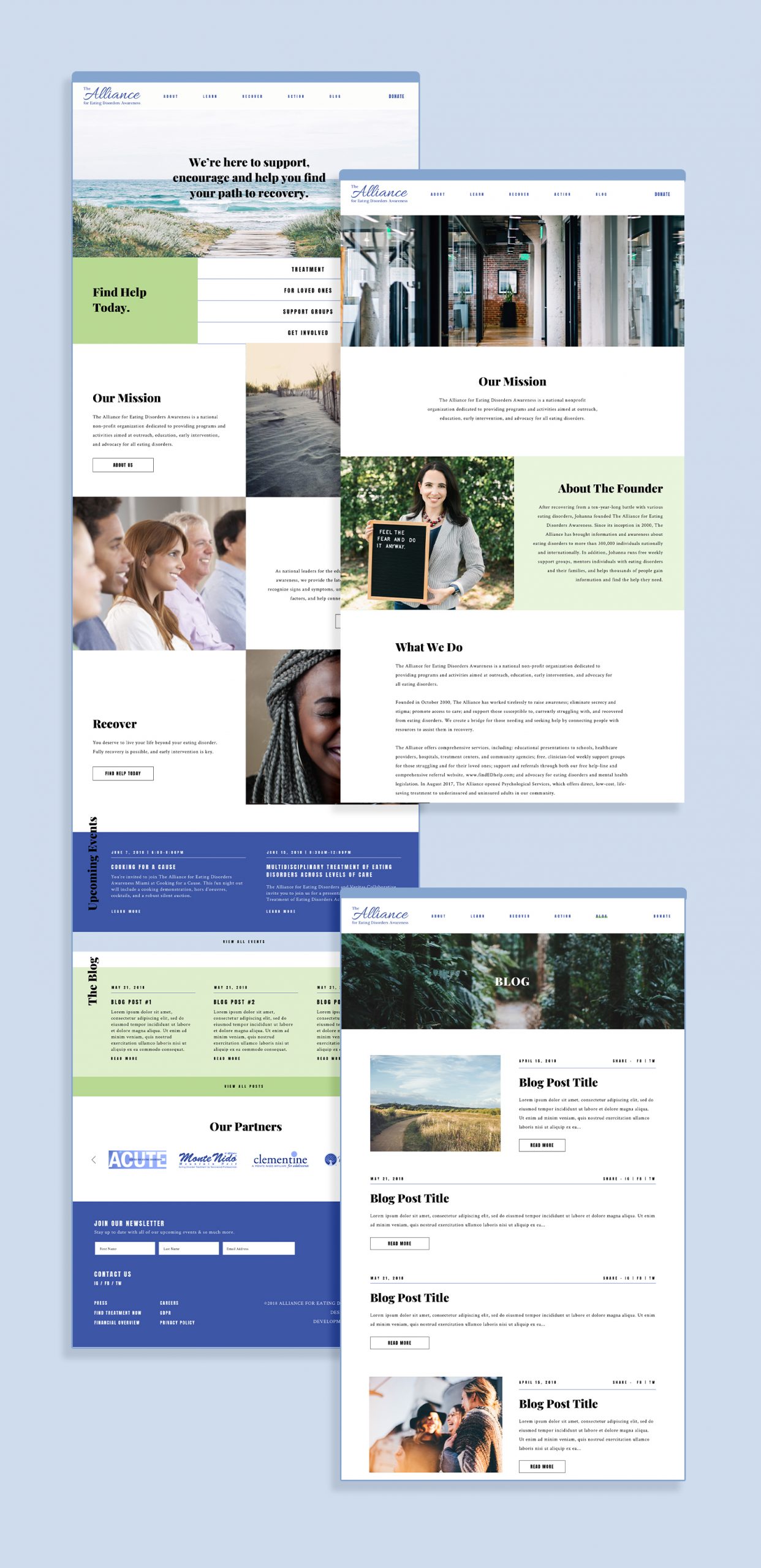 Desktop website mockups for The Alliance for Eating Disorders Awareness. The mockups show the homepage, about, and blog pages, on a soft blue background.