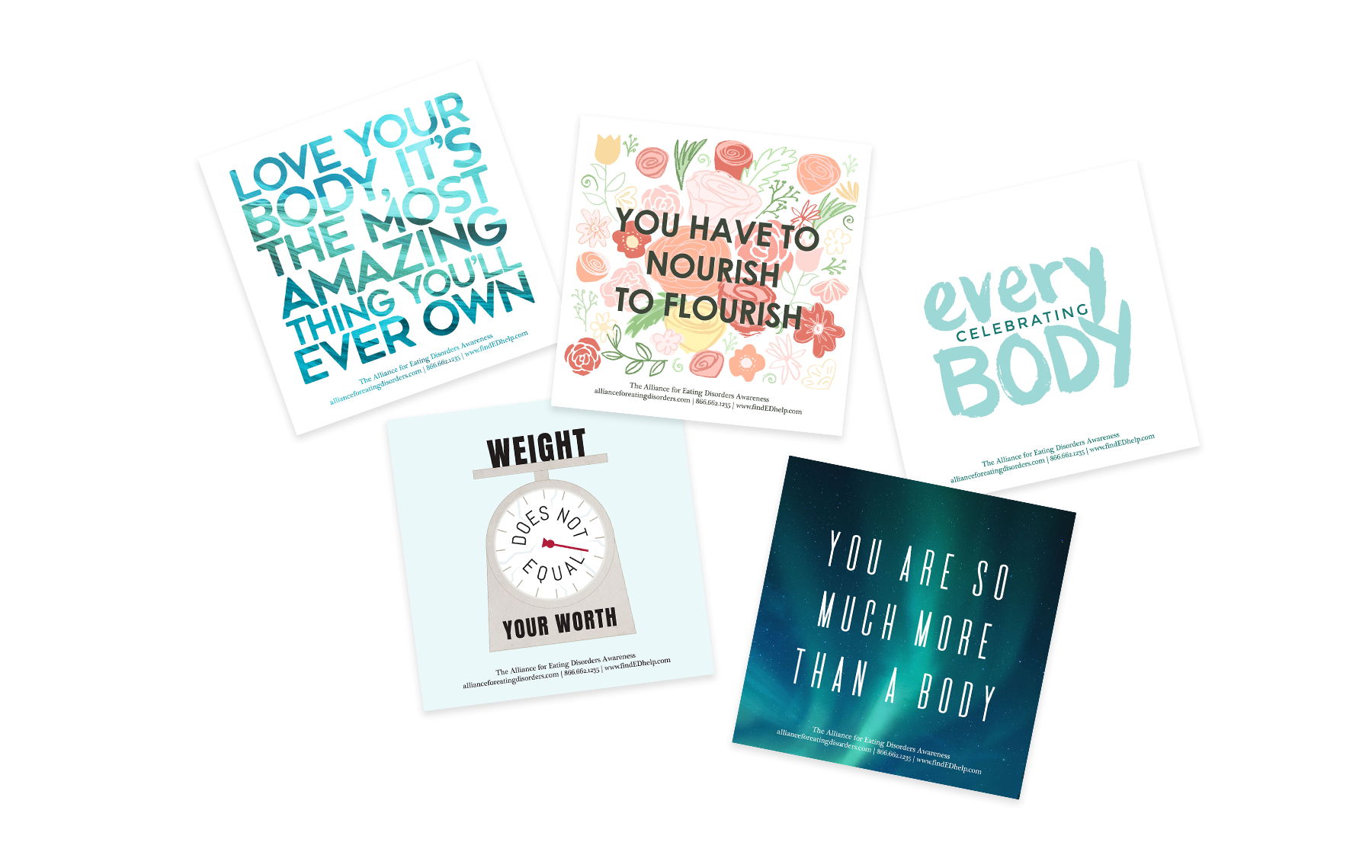 A series of stickers that promote body postivity, self love quotes & custom illustrations for The Alliance for Eating Disorders Awareness.