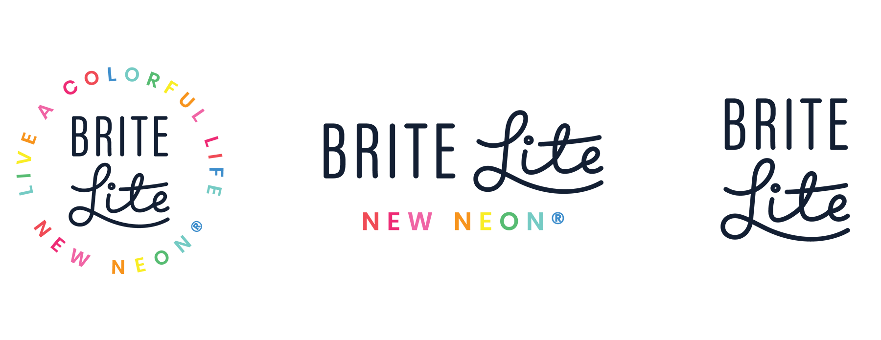 Brite Lite logos variations, featuring circular logo lockup with their tagline "Live a colorful life, New Neon", alongside their horizontal and stacked logos.