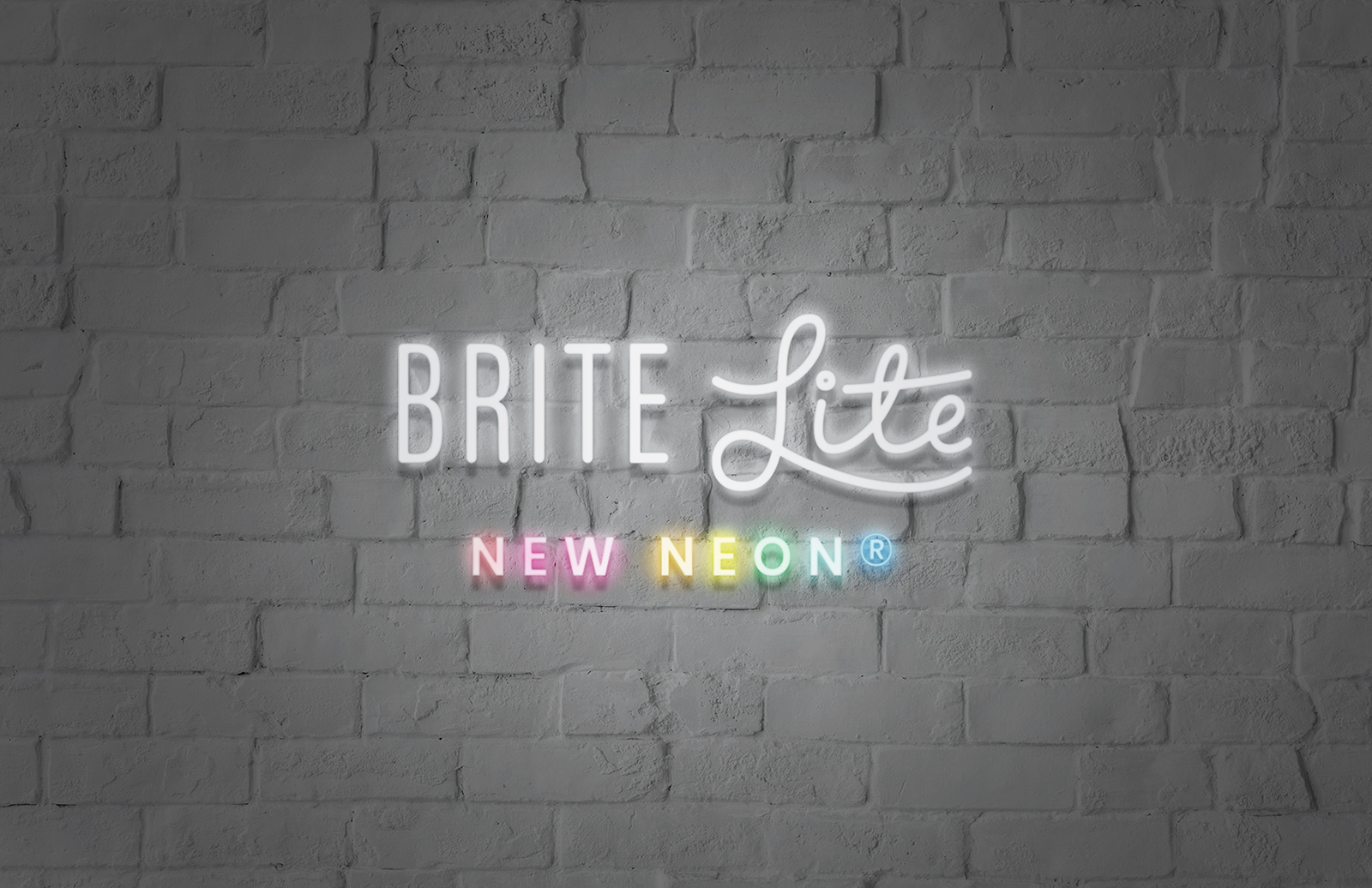 Brite Lite logo mockup resembles a neon sign with a white brick backdrop. The logo features a combination of condensed serif and hand lettered script in bright white, along with rainbow of neon colors for the tagline underneath.