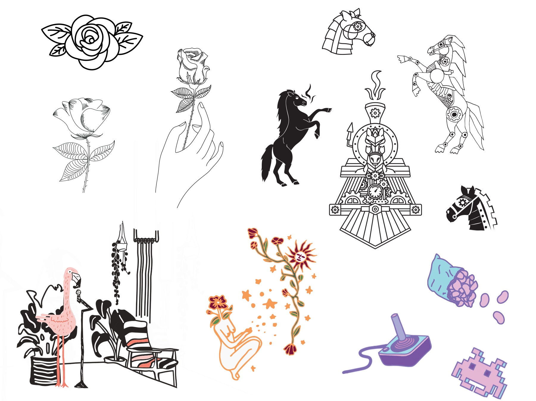 Illustrations of roses, steampunk inspired horses & train, a flamingo on a stage, a nude woman with a flower for a head, a botanical vine, and retro gaming icons.