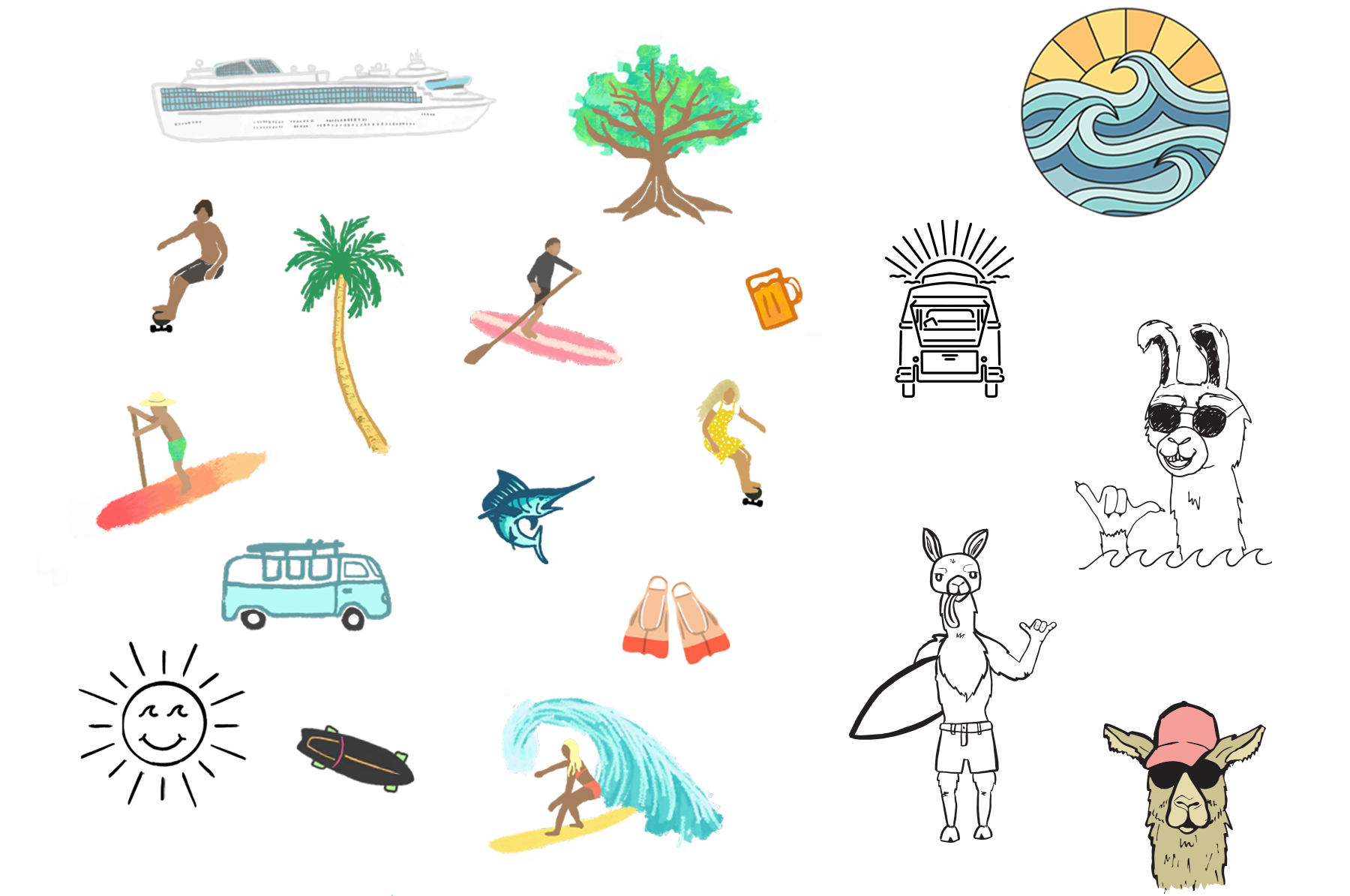 Hand drawn illustrations of skaters, surfers, paddle boarders, a cruise ship, tree, skateboard, flippers, sailfish, vw buses, happy sun, beer mug, surf & sun sticker, and llama characters.