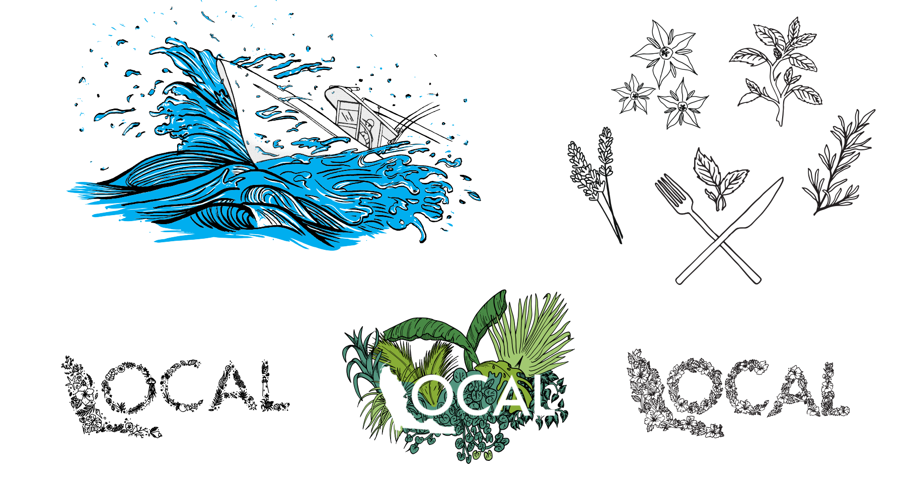 Local brand tshirt explorations including a boat and waves, palm trees, hibiscus flowers & leaves, and coral & seashell illustrations. Illustrations for Cumberland Heritage branding including lavendar, rosemary, star anise, mint, and cutlery.