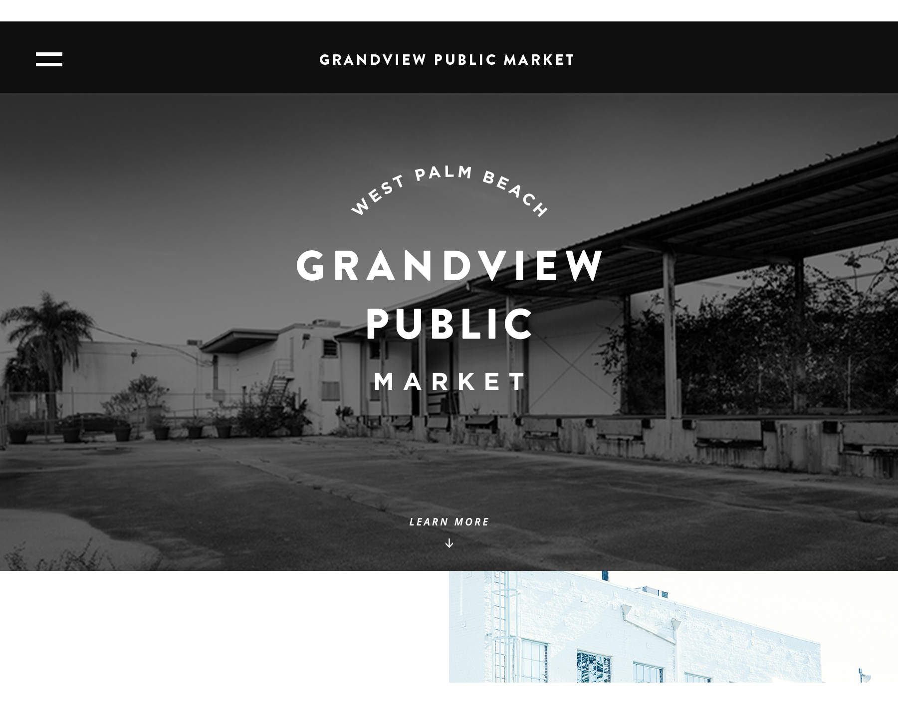 Desktop website mockups for Grandview Public Market, showing off the landing page.