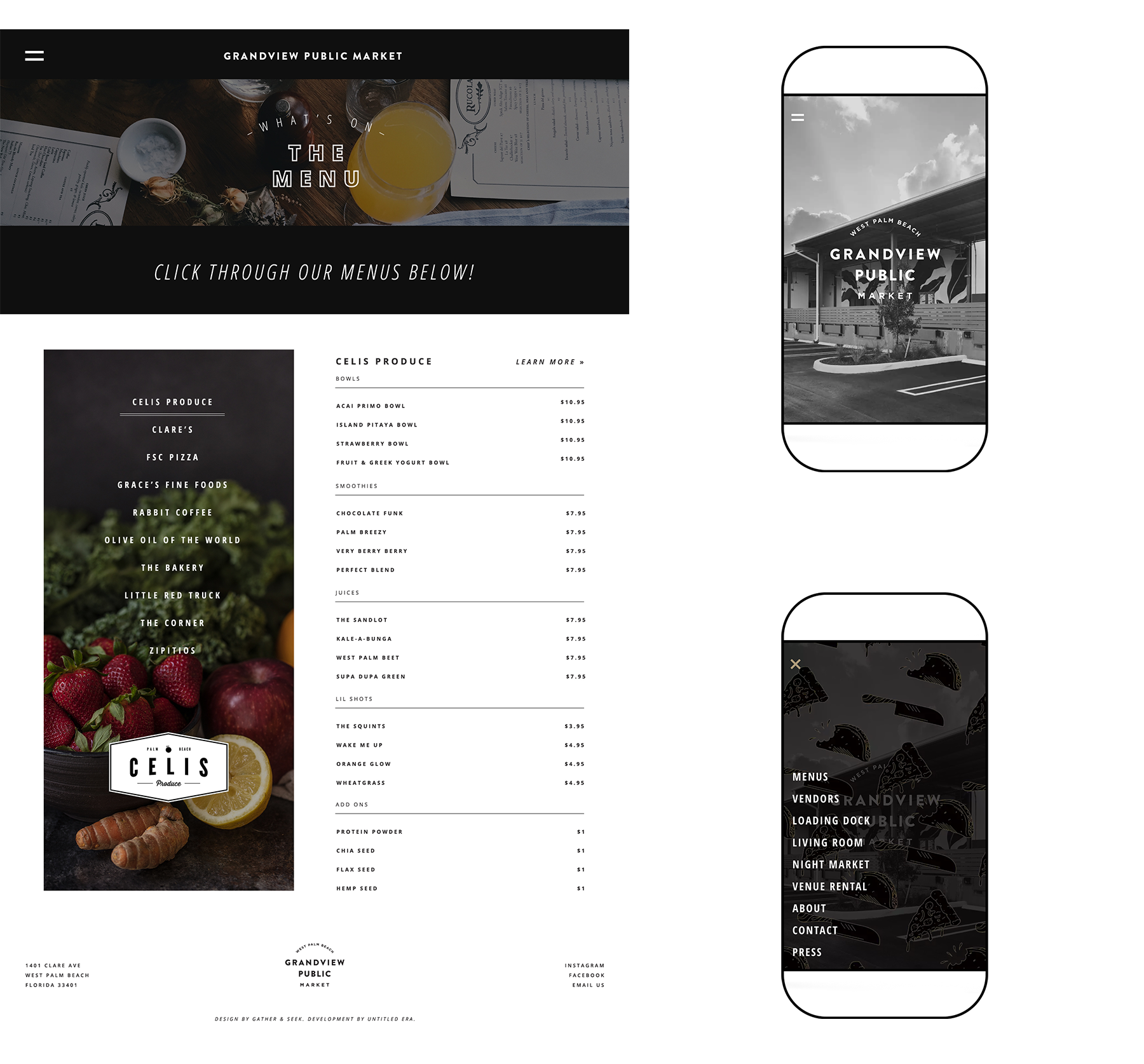 Desktop website mockups for Grandview Public Market of the menu page design, and the homepage and dropdown nav on mobile.