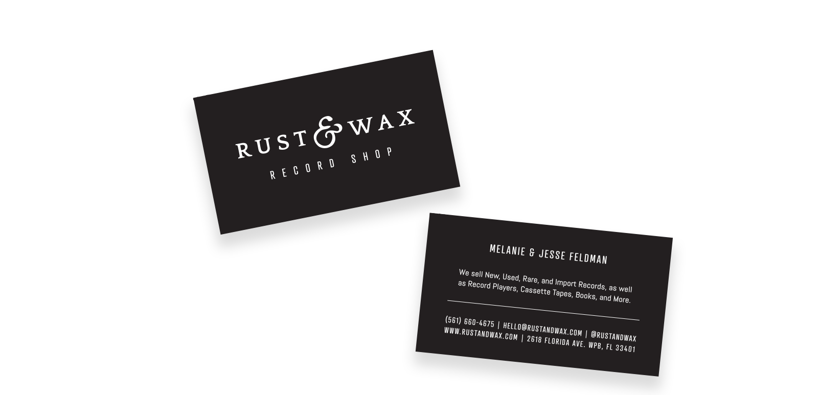 Business card mock-ups featuring Rust & Wax logo in white against a dark charcoal background with a condensed type that reads "Record Shop" underneath. The back of the business card includes the owners names and additional store information.