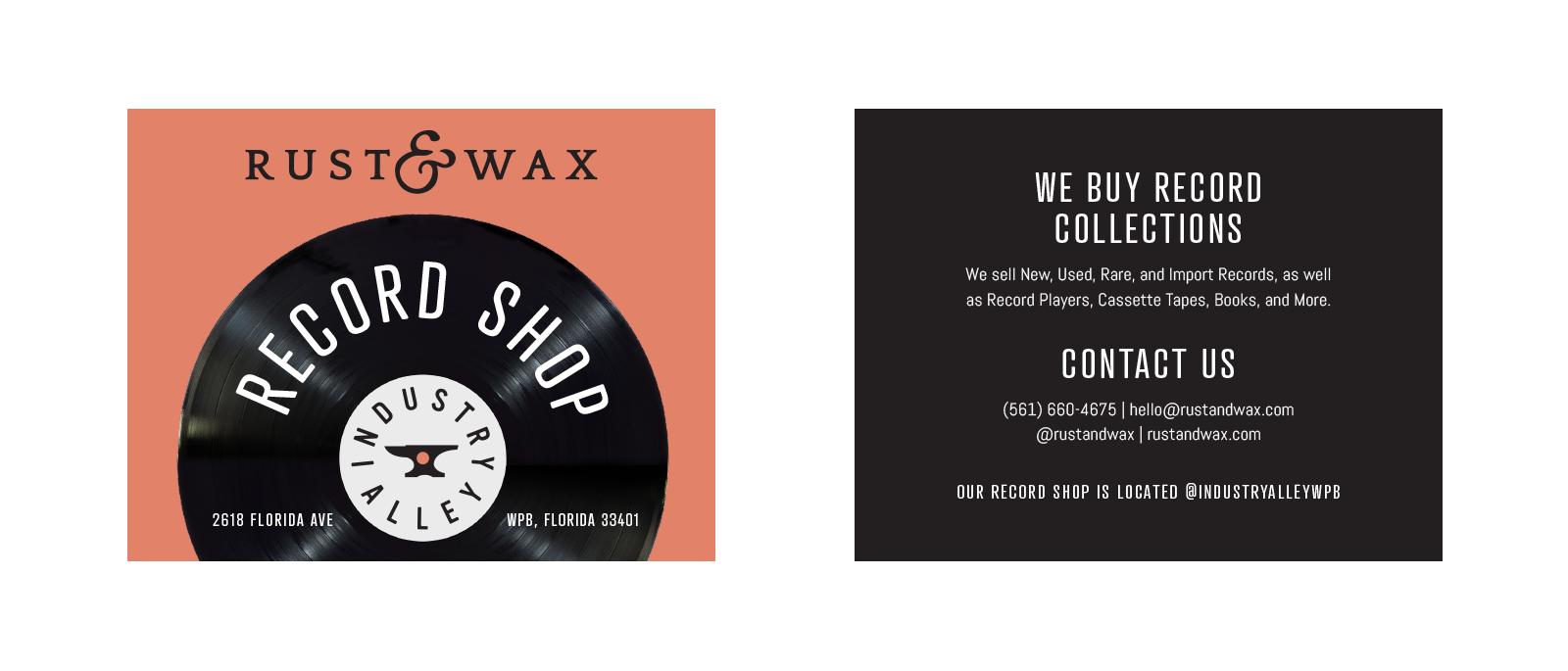Flyer mockups for Rust & Wax Record shop in Industry Alley located in West Palm Beach. The flyer gives the business, location & contact information.